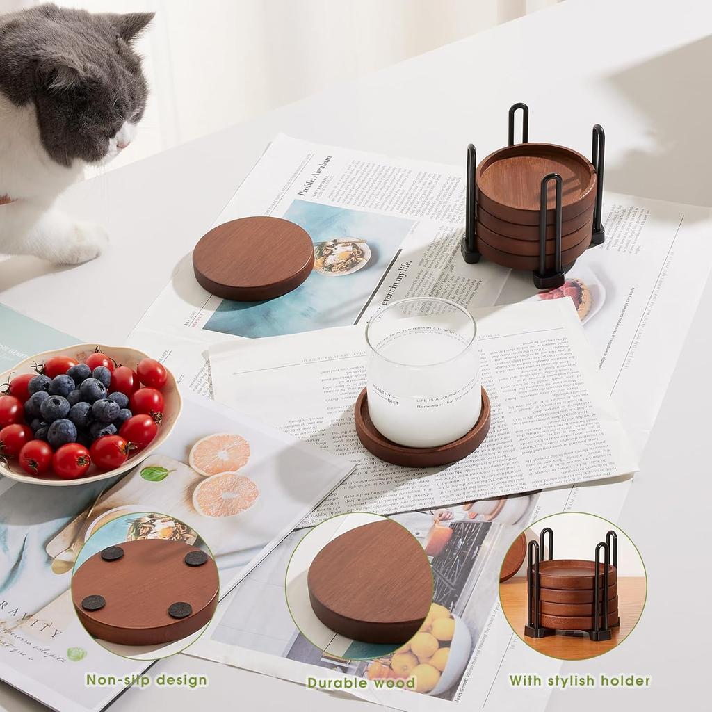 Set of 6 Wooden Coasters With Holder - Coffee Table Coasters for Drinks, Modern Home Decor, Dining Table Decorative Set, Cute Beer Bar Rustic Outdoor