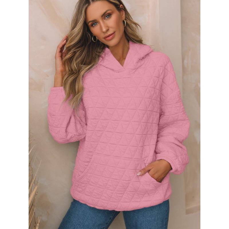 Осенняя однотонная женская толстовка с капюшоном и карманами в стиле кэжуал, стеганый топ с длинными рукавами