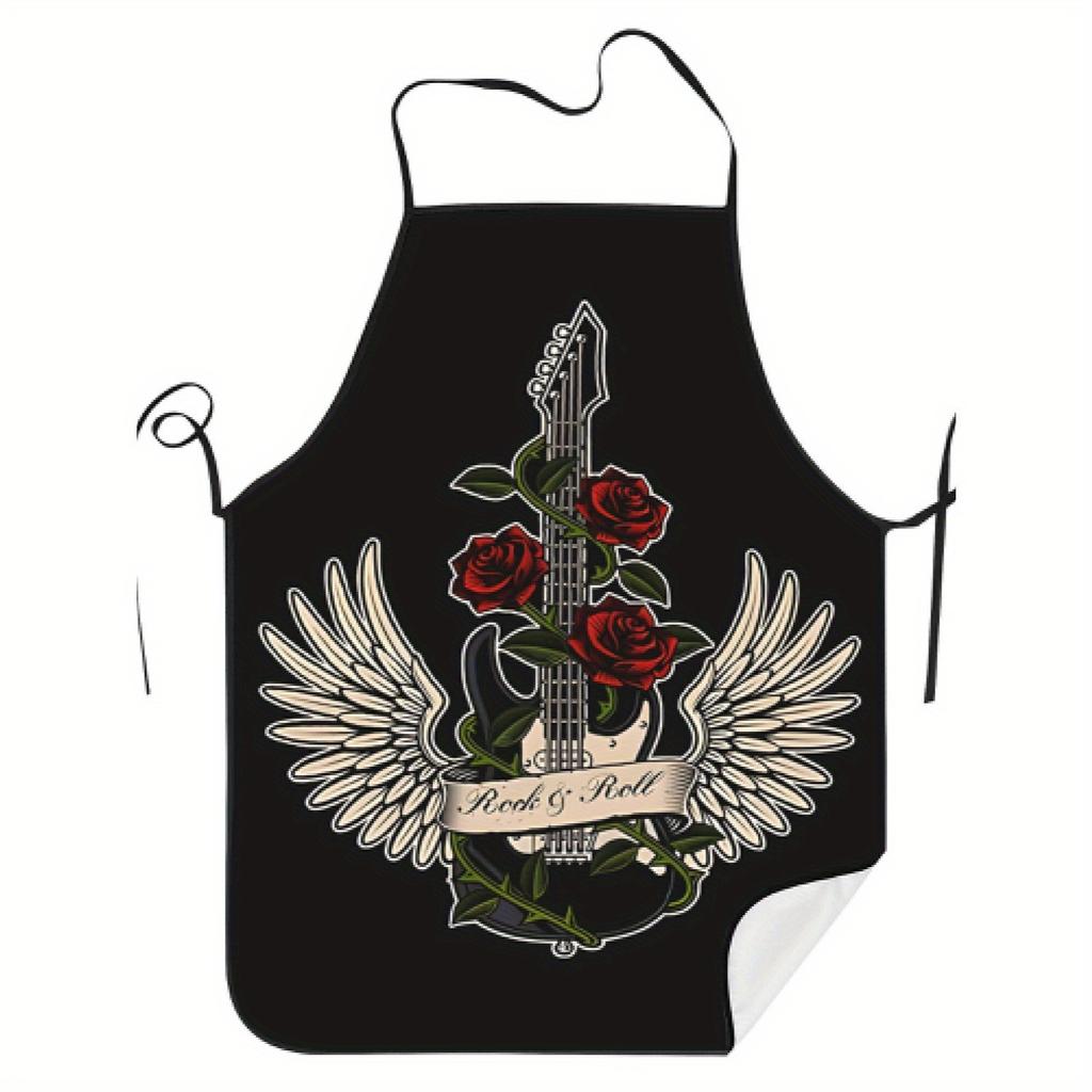 Men'S Black Rock & Roll Guitar & Wings Apron - Durable Polyester, Perfect for Barbecue & Kitchen Use, Barbecue Apron|Musical