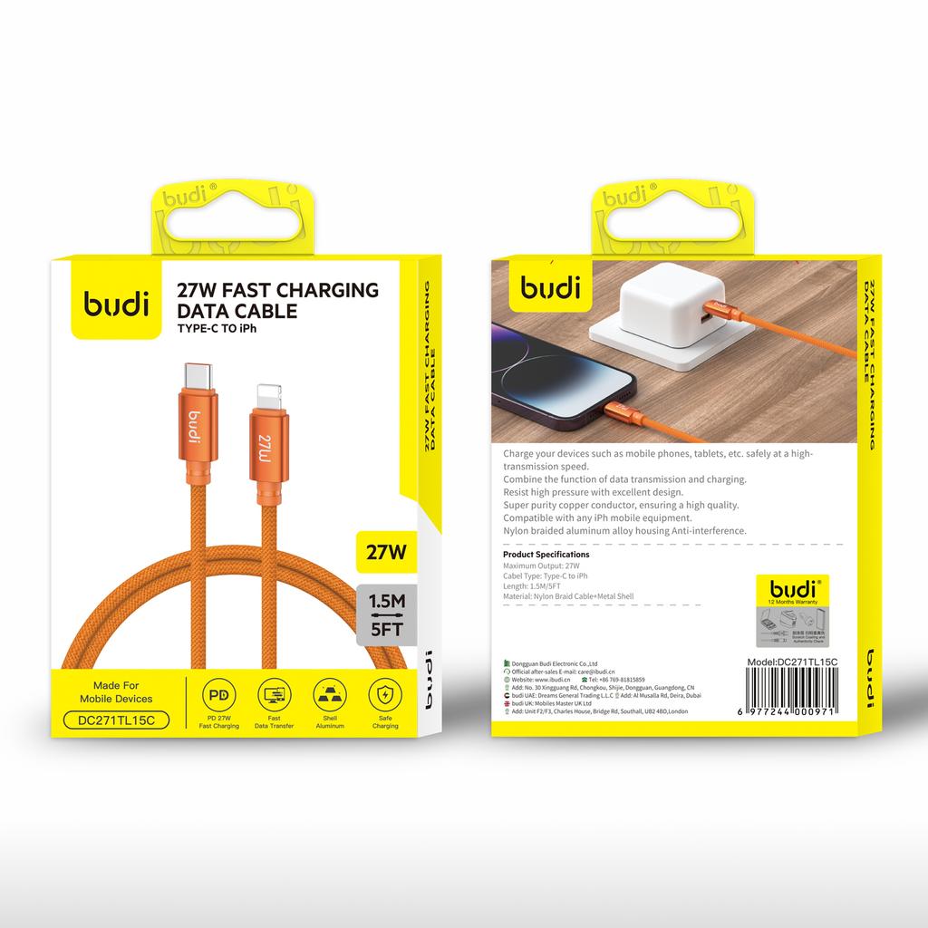 BUDI DC271TL15C 1,5 м Кабель Type-C на Lightning 27 Вт Быстрая зарядка Нейлоновая оплетка Дата-кабель