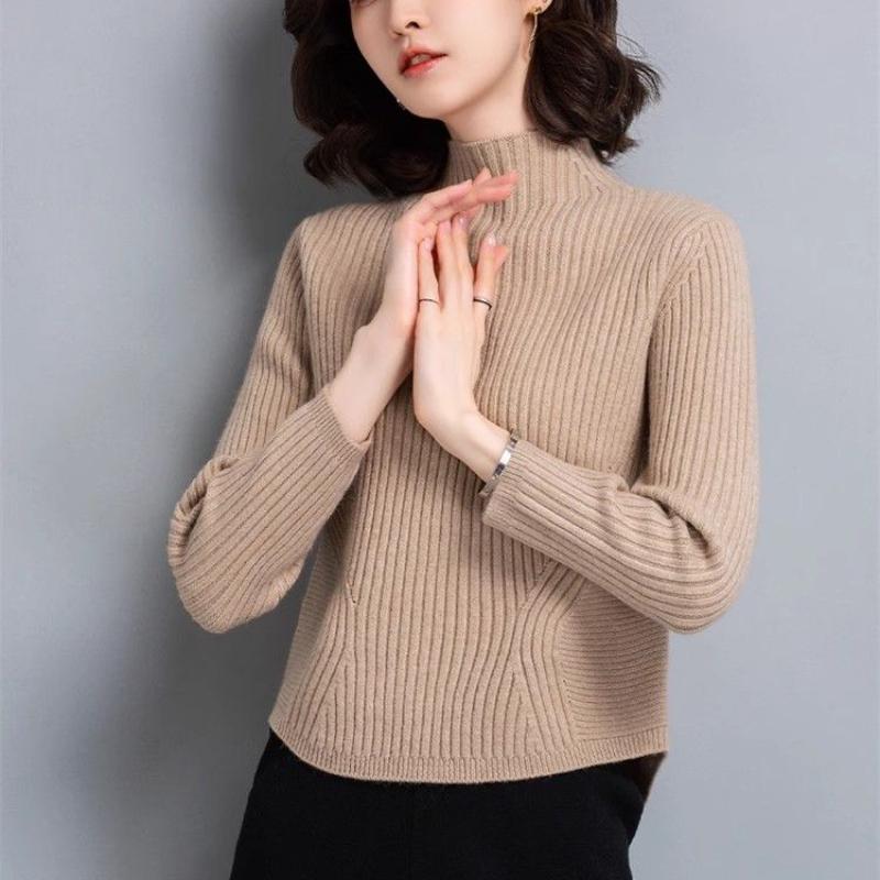 Утолщенный полувысокий ворот свитера женский короткий топ с высокой талией однотонный трикотаж