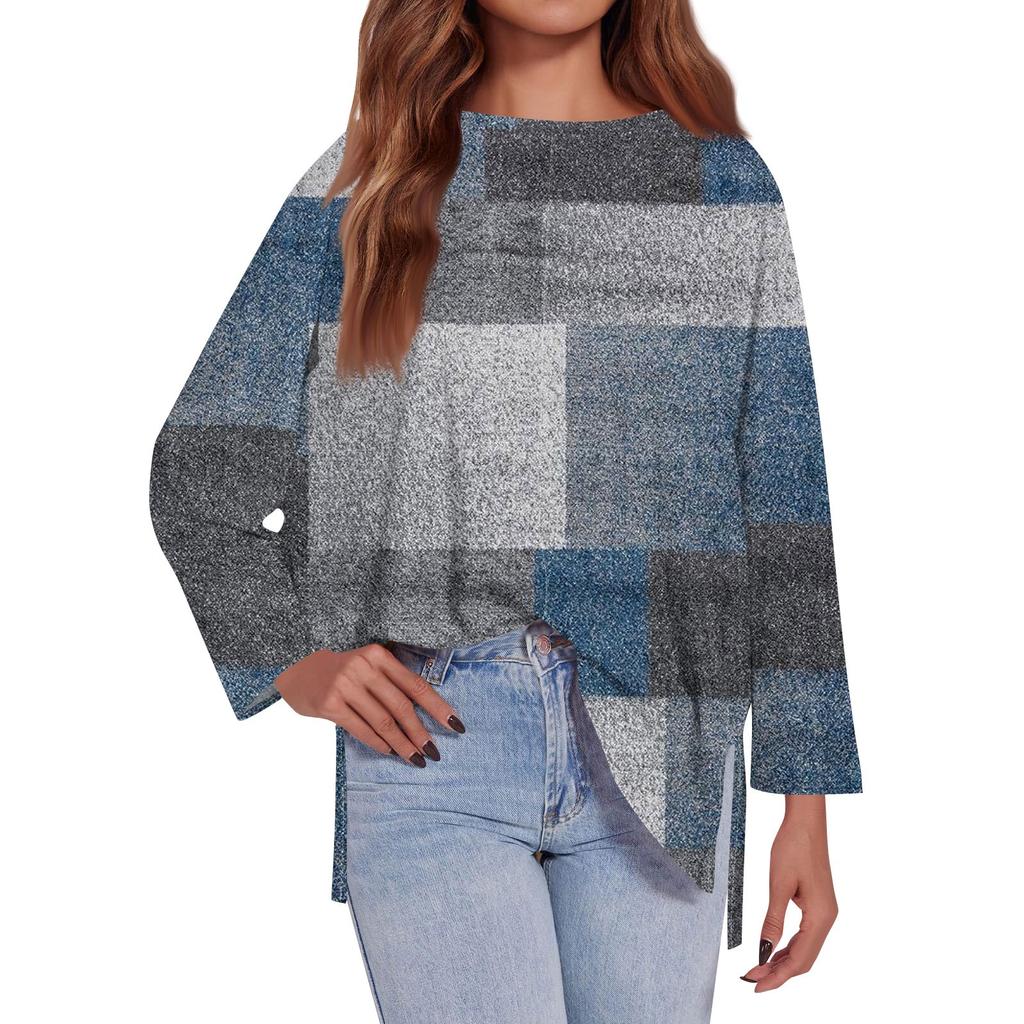 Женская модная свободная футболка большого размера с круглым вырезом и длинным рукавом, с геометрическим узором по бокам, с принтом, повседневный топ