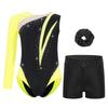Girls Rhinestone Color Block Asymmetrical Leotard Round Neck Gymnastics Skating Outfit Set