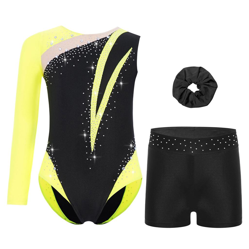 Girls Rhinestone Color Block Asymmetrical Leotard Round Neck Gymnastics Skating Outfit Set