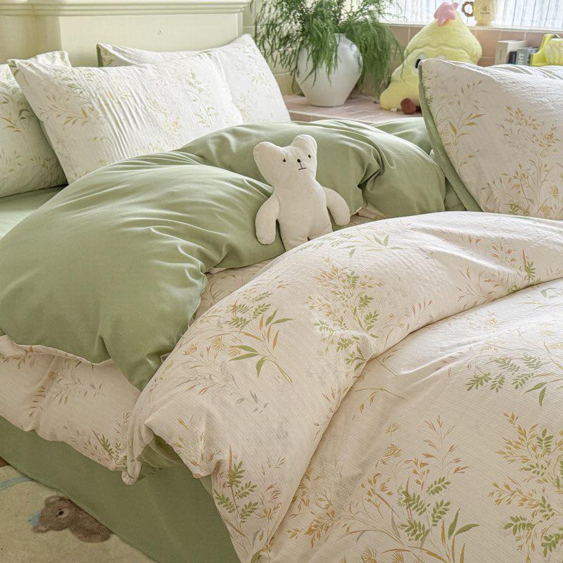 Комплект постельного белья из четырех предметов на лето из двухслойной марли класса А с цветочным принтом и пузырчатого хлопка