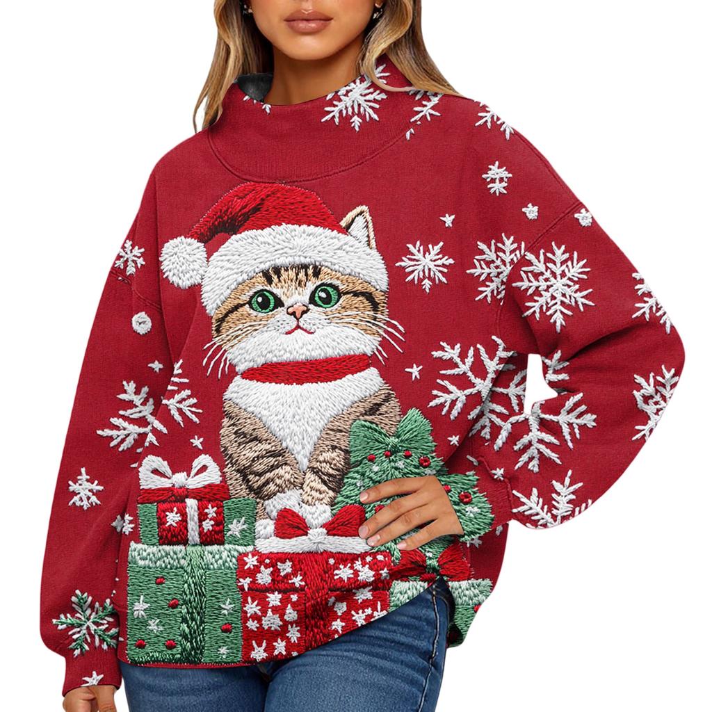 Ladies' Fashionable Christmas Printed Long Sleeved High Neck Sweatshirt Top