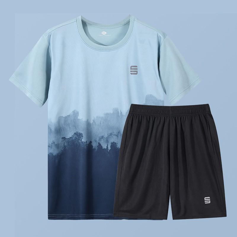 Mens Quick-Dry Ice Silk Sport Set Short Sleeve T-Shirt Shorts Running Gym Badminton