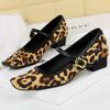 Shoes 3 Cm Heels Women Vintage Mary Jane Shoes Metal Leopard Print Square Head Women Pumps Low Heel High Heels Suede