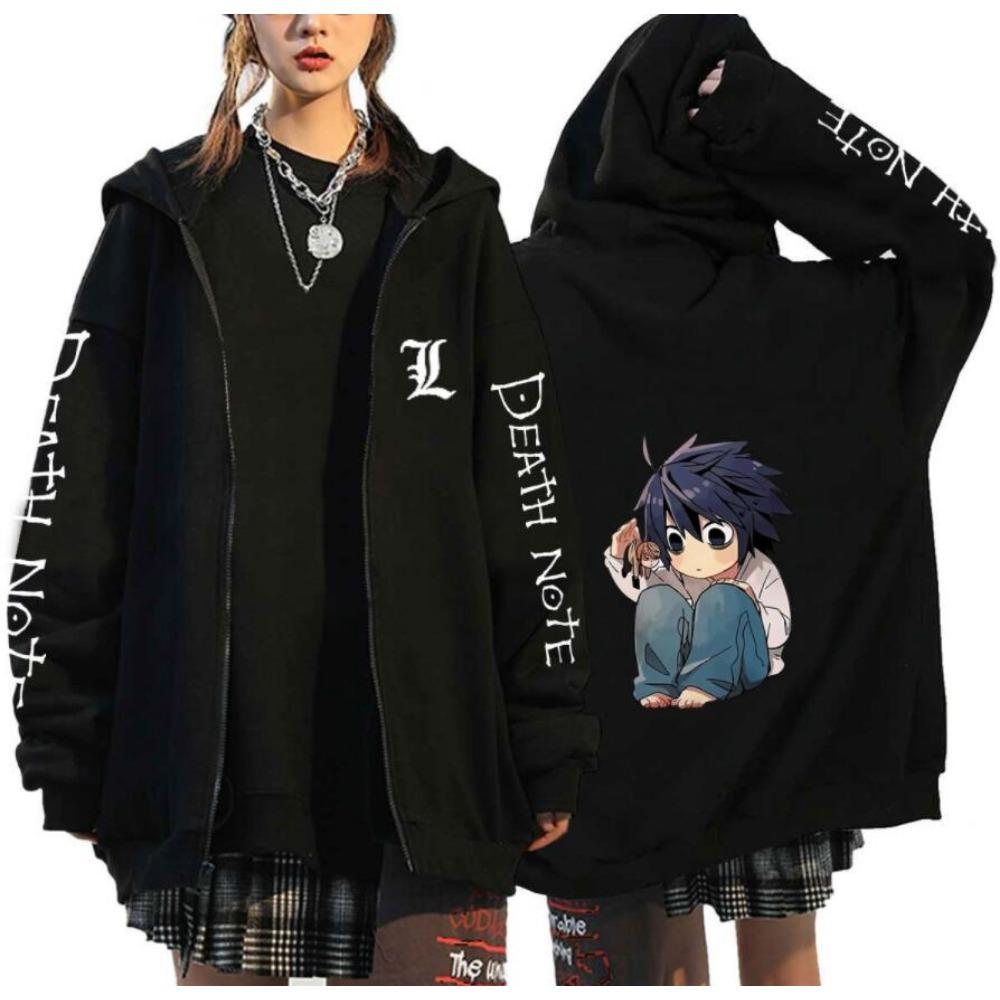 Anime Death Note Zipper Hoodie Gothic Men's Cartoon Pattern Street Wear Black Wool Zipper Jacket Coat