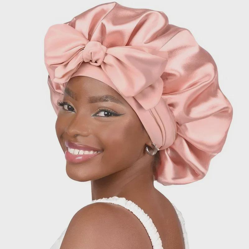 High Elastic Satin Nightcap with Wide Brim & Bow for Salon Hair Care