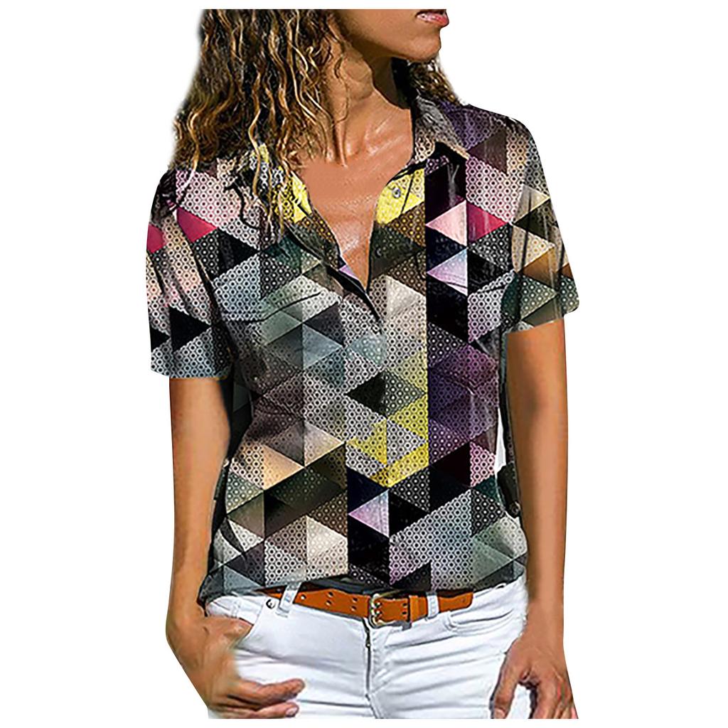 Womens Fashion Casual Short Sleeve Print Button V-Neck T-Shirts Tops Blouse