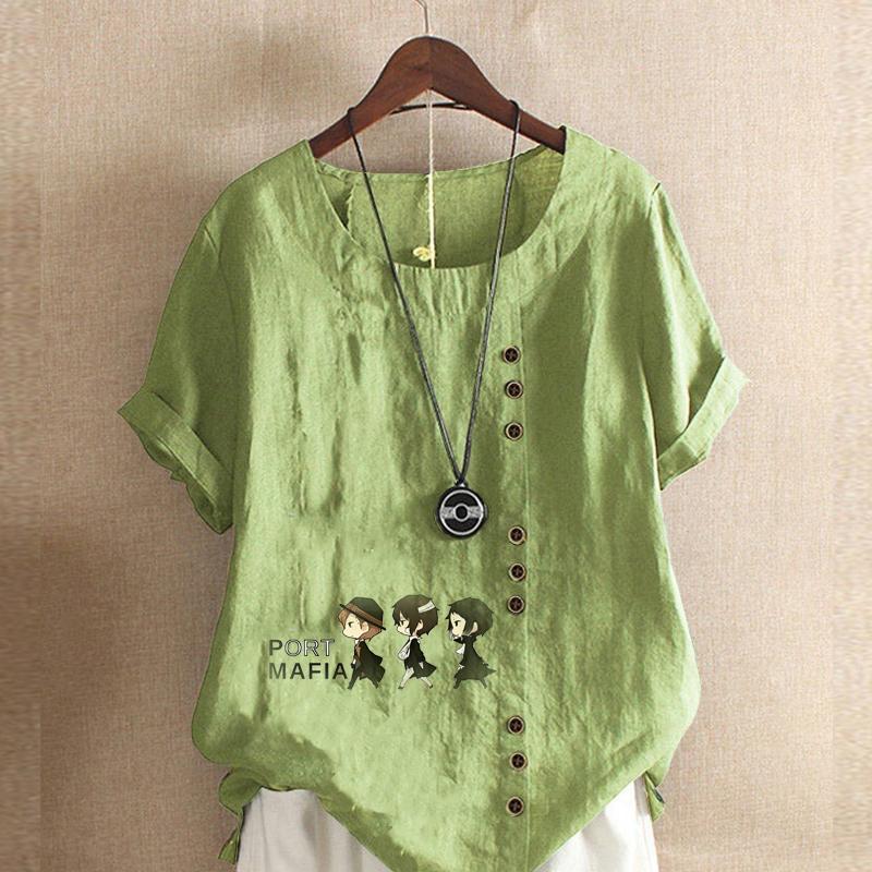 Женская новая модная льняная рубашка с круглым вырезом и коротким рукавом, футболка с принтом «Три детектива», летняя женская повседневная блузка больших размеров