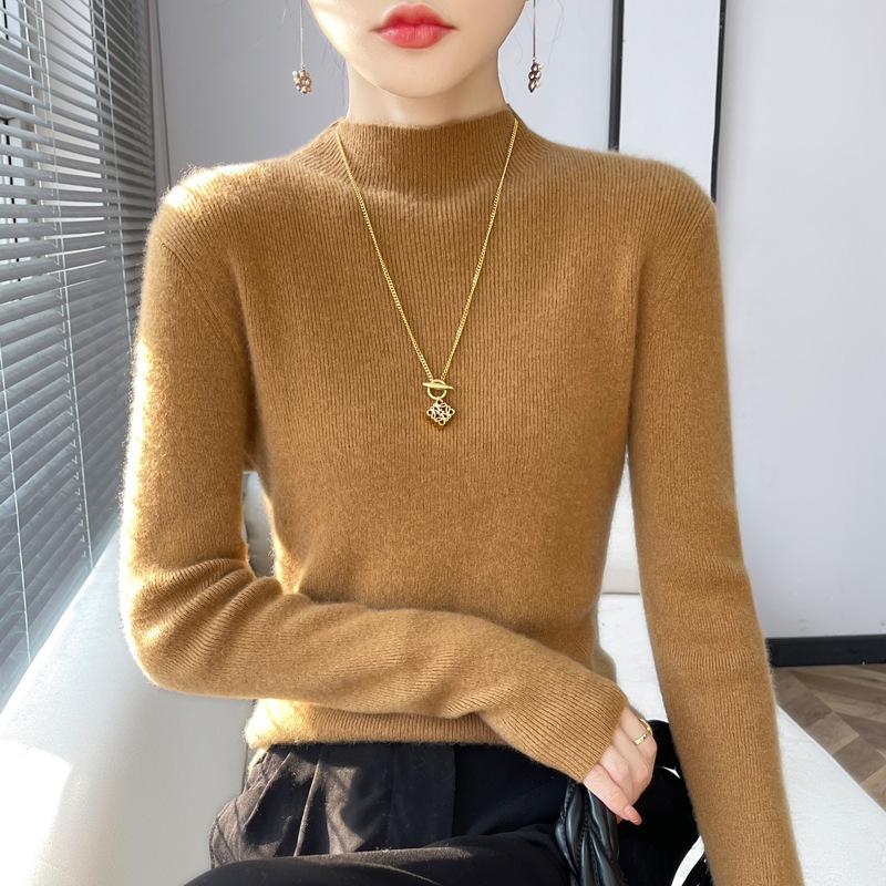 Autumn and Winter Half Turtleneck Bottoming Shirt Women's Sweater with Long Sleeves Andy Velvet Slim Knitted New Tight Top Middle Collar