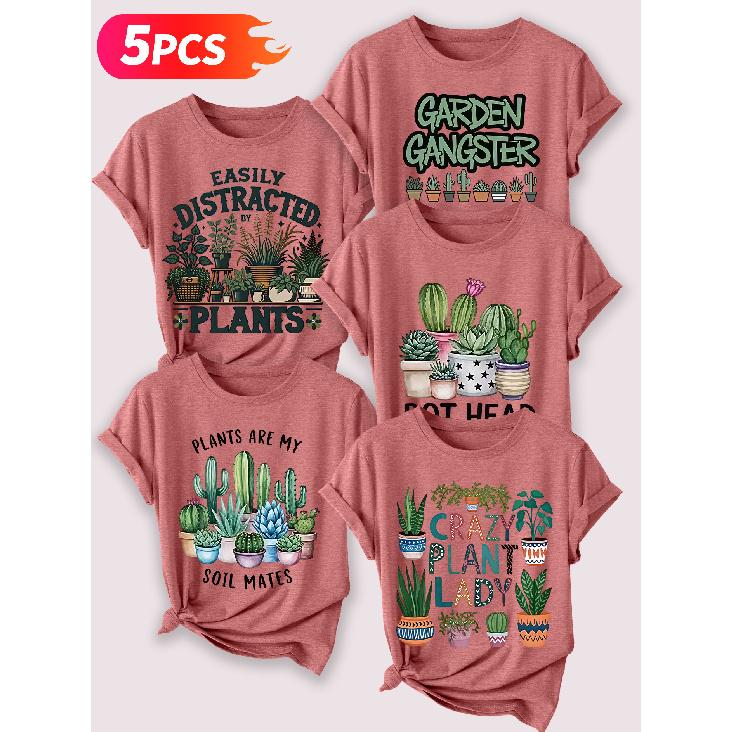 Lele Orientation Five-piece set for women T Shirt Succulent Cactus Green Plant Gardening Vintage Print Spring, Summer, Autumn Casual Elegant Women's