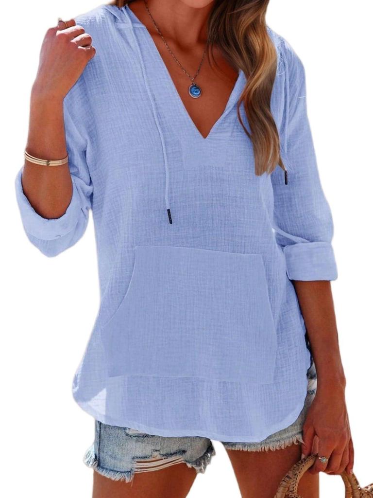 Women's Beach Cover Up Hoodie Long Sleeve V Neck Pocket Hooded Sweatshirt Top