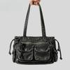 Vintage Scrap Style Underarm Bag Punk Soft PU Shoulder Bag Women's Drawstring Bundle Biker Bag Y2K