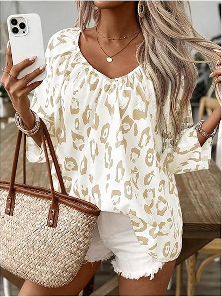 Весна Лето Женский Элегантный Повседневный Топ Бежевый Леопардовый Принт V-образный Вырез Рукав 7/8 с Рюшами Рубашка