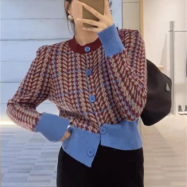 Кардиган женский осенний новый свободный вязаный кардиган с круглым вырезом в клетку «Тысяча птиц» с длинными рукавами, однобортный свитер, куртка