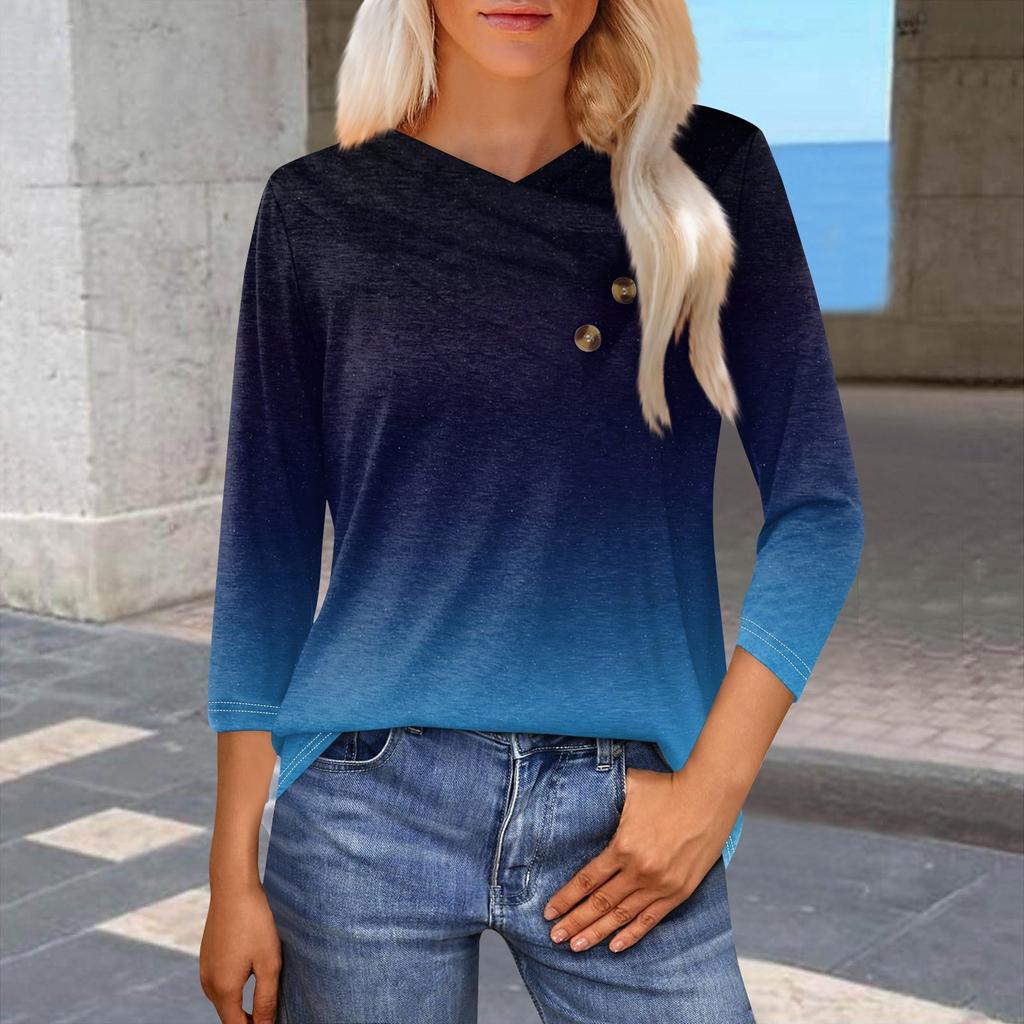 Женская модная повседневная футболка с принтом в виде градиента, рукавами-семиточками, V-образным вырезом и застежкой на пуговицы