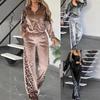 Women's Velour Tracksuit Set with Leopard Print Detail, Zip-Up Jacket and Wide Leg Pants