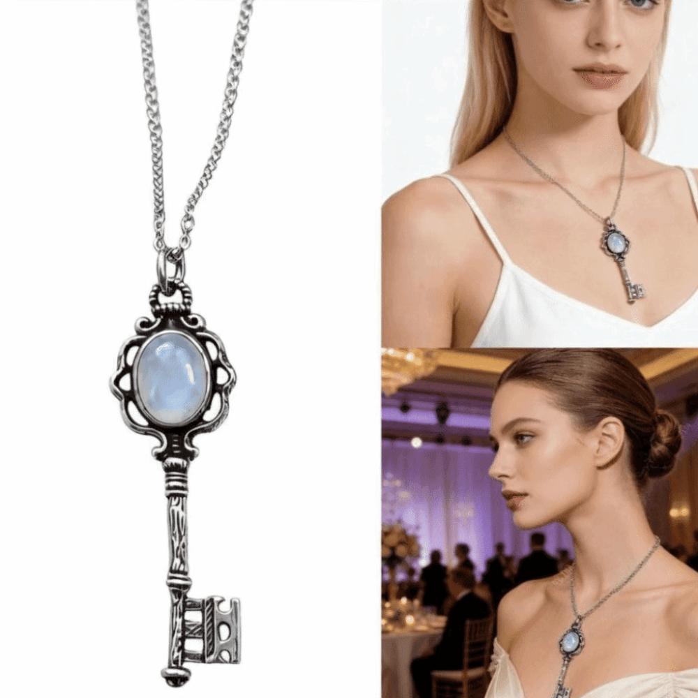 Retro Key Pendant Necklace Moonstone Obsidian Statement Jewellery Vintage Black Stone Necklace Party Accessories