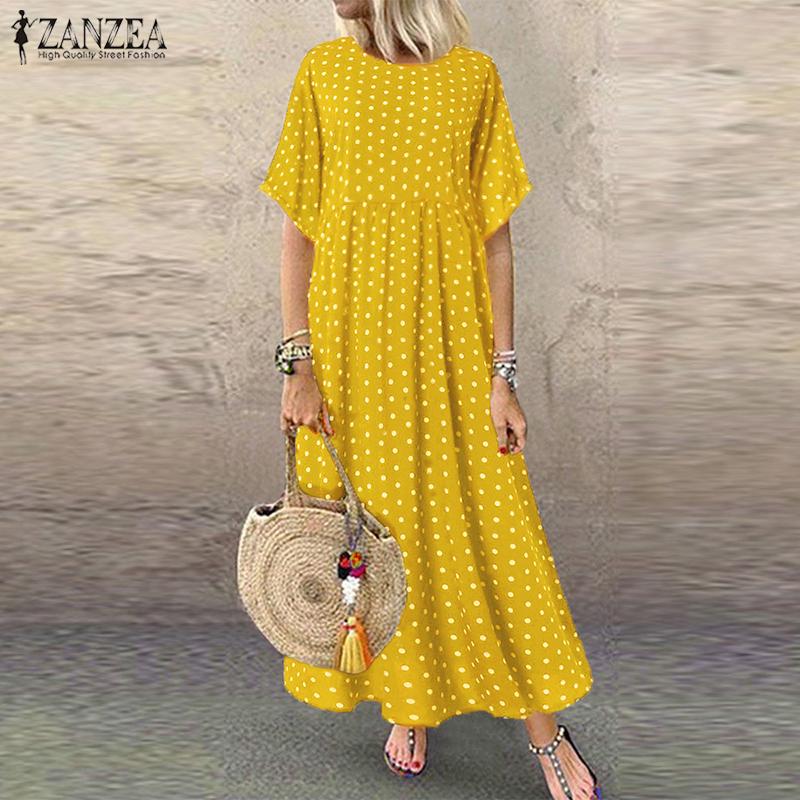 ZANZEA Women Round Neck Polka Dot Print Short Sleeve Summer Dress