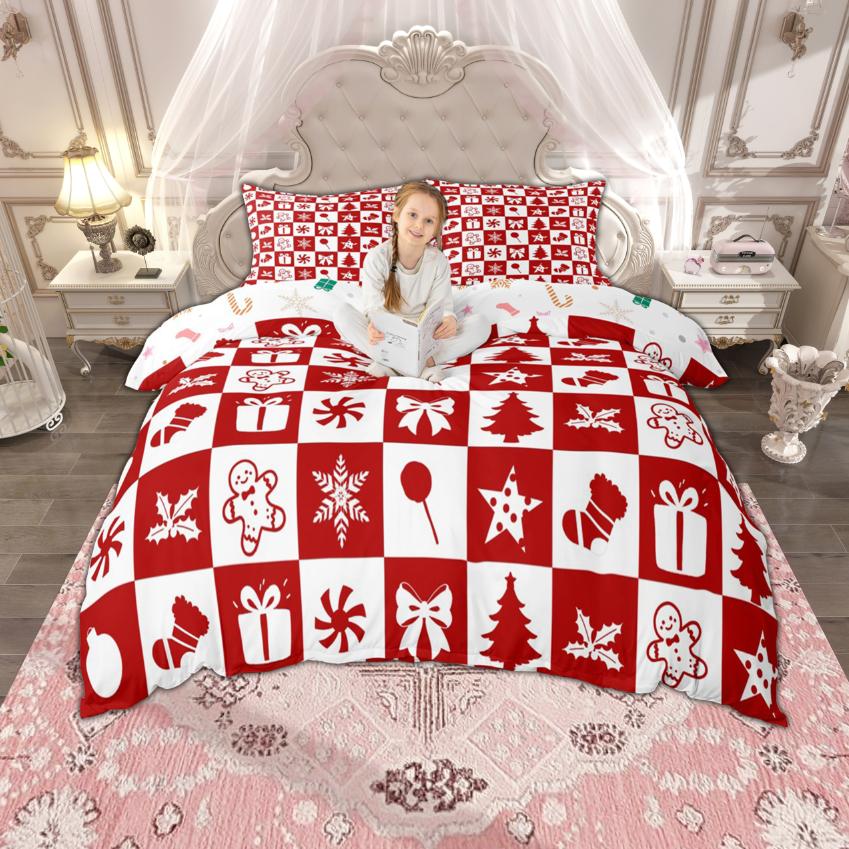 Homewish Merry Xmas Duvet Cover Set for Boys Girls, Christmas Tree Deer Bedding, Kawaii Snowman Santa Claus Quilt Cover Set