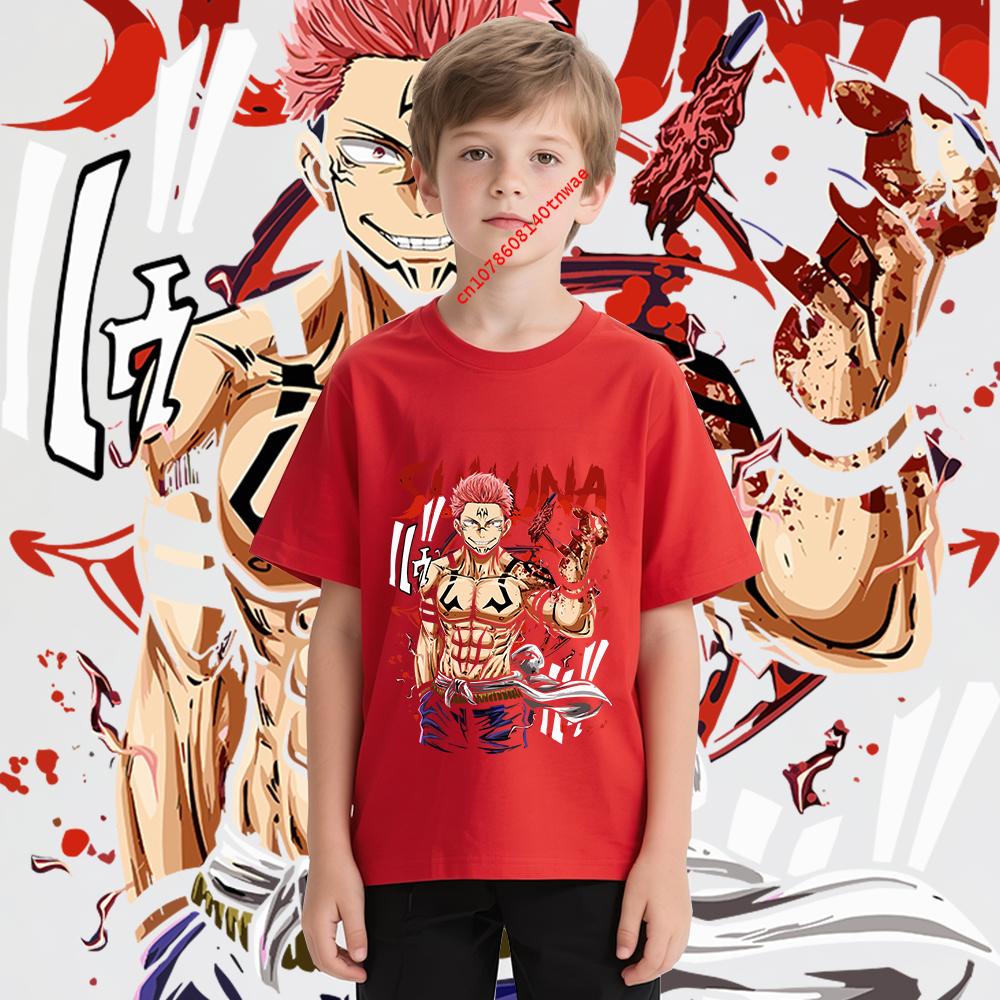 Детская хлопковая футболка Jujutsu Kaisen Сукуна Принт Аниме Мультфильм Топ для мальчиков и девочек 100-160 см Мягкий удобный
