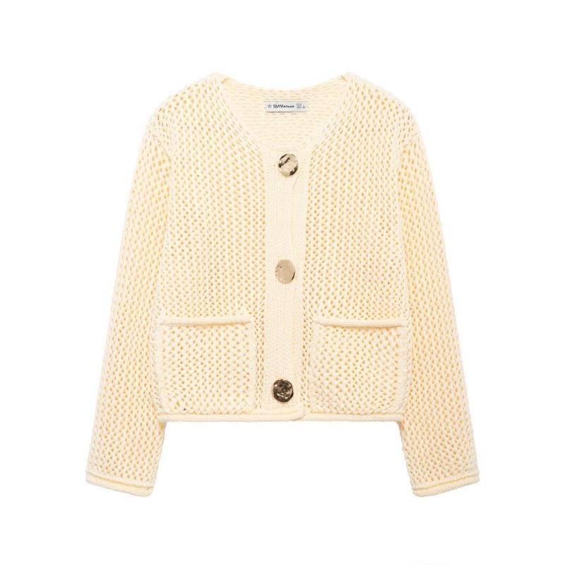 Women's Solid Color Single-breasted Knitted Cardigan Women's Double Pocket Crew Neck Long Sleeve Coarse Needle Sweater Jacket Women's