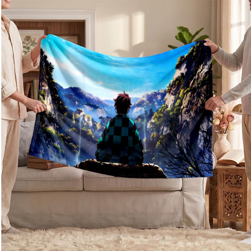Kamado Tanjiro Printed Flannel Blanket, Skin Friendly Warm Throw for Indoor Couch Bed Daily Use