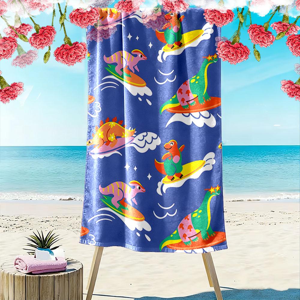 Joyful dinosaurs surfing waves Print beach towel, quick drying, suitable for travel, outdoor sports, jogging, the beach and swimming, gift