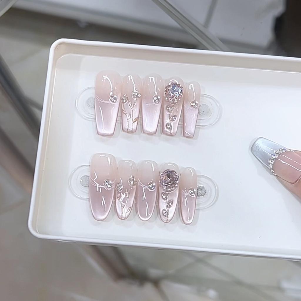 Pure Hand-made Phototherapy Wear Nail Tablets Pink Rose Words Wide Light Cat Eye Hand-painted Three-dimensional Flash Nail Art Patch