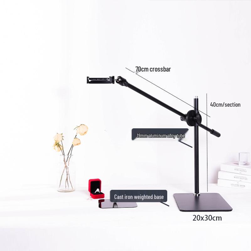 Cantilever Multi-Camera Floor Stand with Long Arm for Top-Down Shots & Multi-Platform Phone Holder in Mirror Live Streaming & Photography