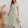 Women Summer Fall Floral Print Long Dress Causal V-Neck Short Sleeve A-Line Bandage Chiffon S-XXL