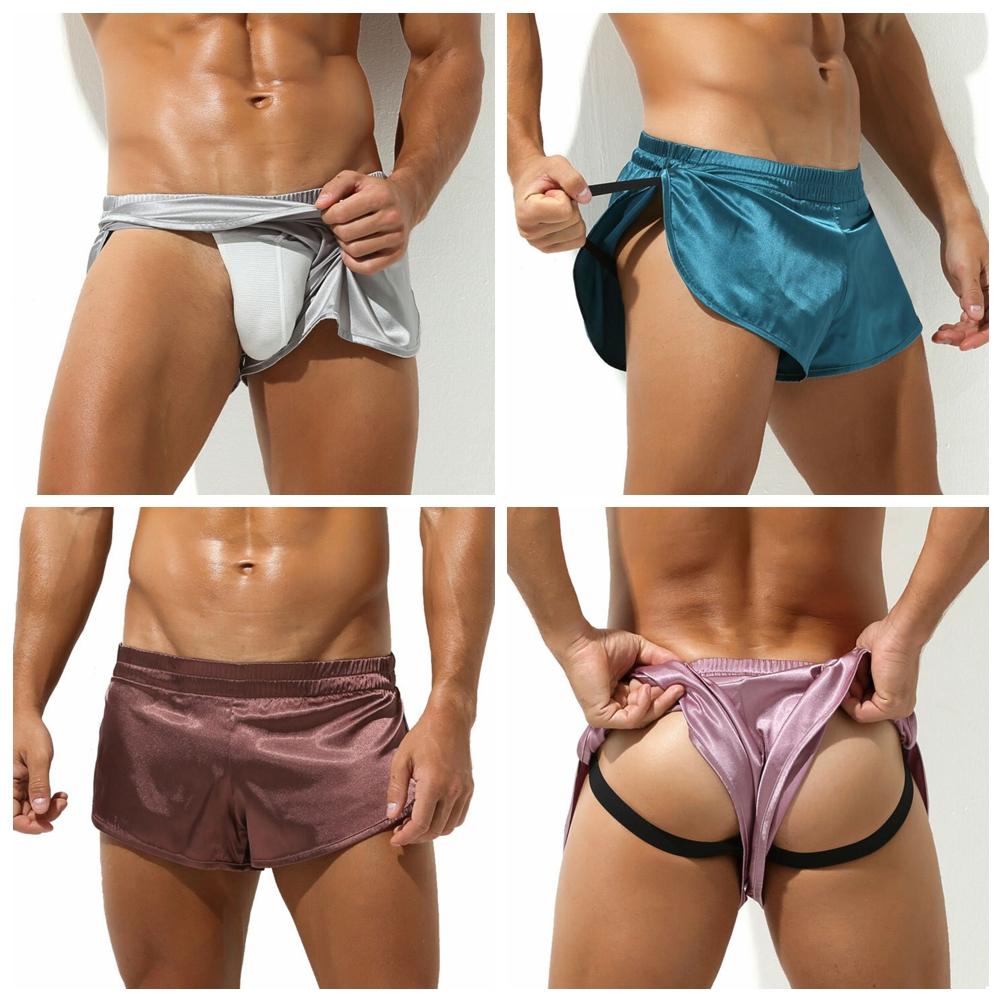 Mens Low Waist Satin Boxers Underwear Side Split Elastic Waistband Shorts Underpants Nightwear