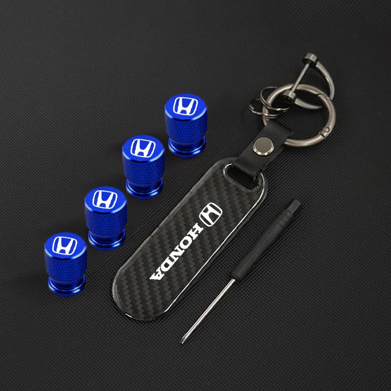 1Set Car Carbon Fiber Key Chain with Wheel Tire Valve Caps For Honda Civic Fit Jazz Accord Pilo CRV Odyssey HRV Mugen Accessory wsdm59