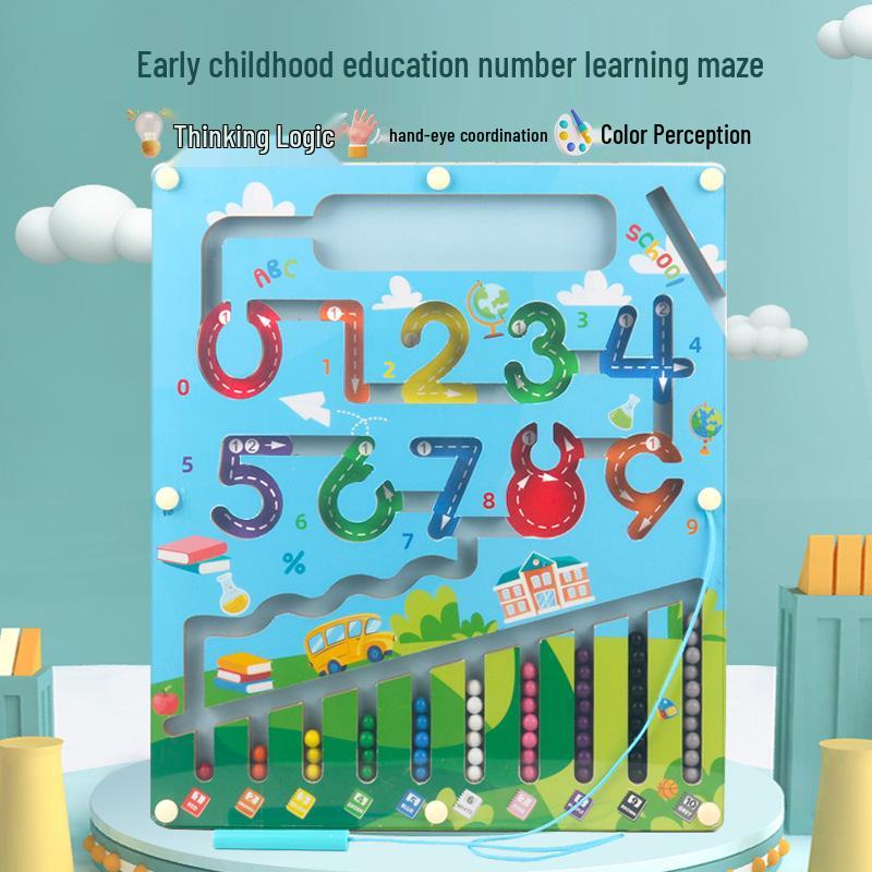 Развивающая магнитная игра-лабиринт с бусинами для детей - Деревянное распознавание чисел с управлением магнитной ручкой
