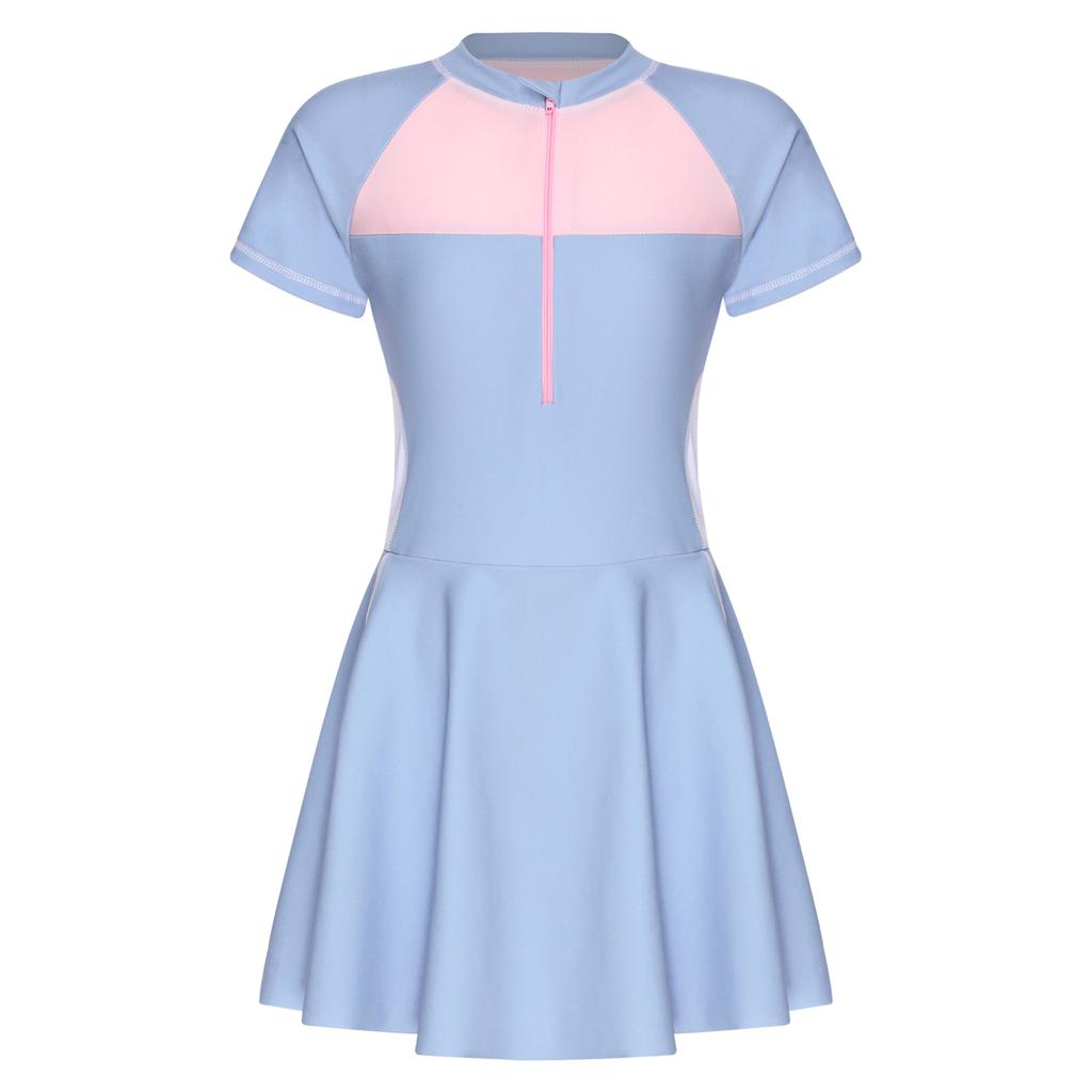 Подростковое купальное платье с короткими рукавами, цветной блок, пэчворк, на молнии спереди, рашгард, купальник, защита от УФ-лучей