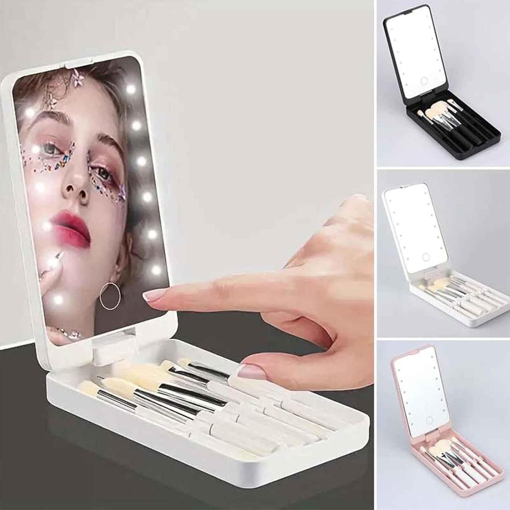 Светодиодное зеркало для макияжа с подсветкой, набор из 5 мини-кистей, вращающееся на 360° дорожное зеркало, портативный косметический набор для идеального макияжа на ходу