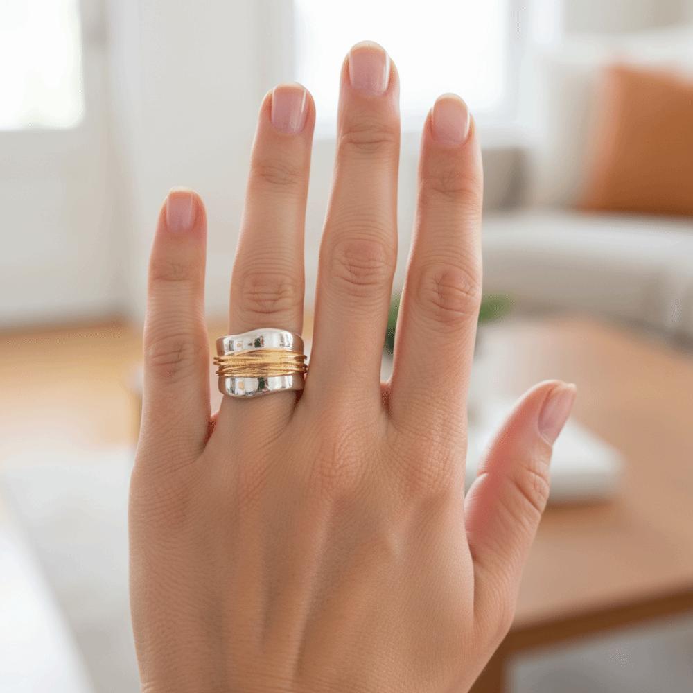 Engraved Line Two-tone Ring Double Layer Punk Style Ring  Holiday Accessories