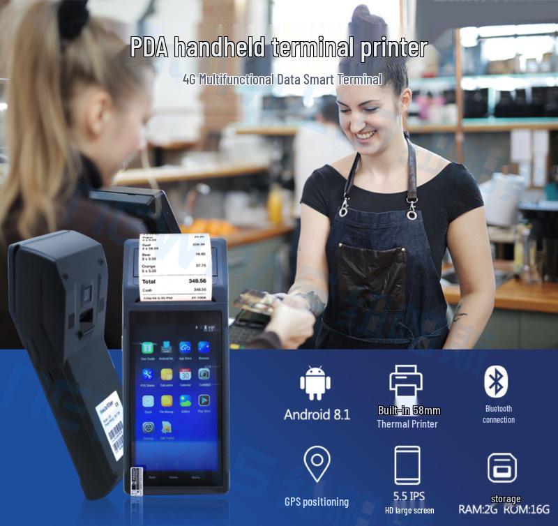 Smart Handheld PDA with 58mm Thermal Bluetooth Printer, SIM Card, WiFi, GPS Support