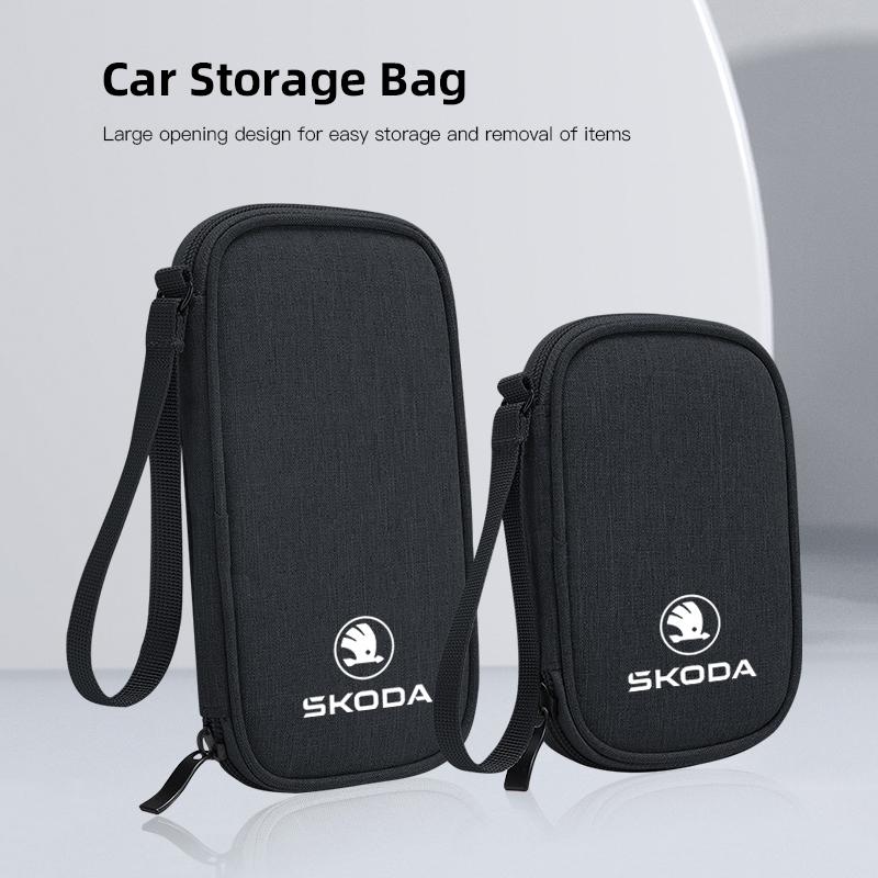 xjfam2 Car Cable Drive Earphone Charger Protable Storage Bag For New Skoda Octavia Kodiaq Fabia Superb Karoq Yeti Rapid Mk3 Vrs Kamiq