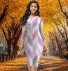 Long Sleeve Waist Tight Office Slim Fit Multi-color Quadrilateral Printing Elegant Bodycon Dress