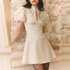 Европейская и американская женская одежда, новые весенние модели, модное и элегантное платье-футляр в горошек с круглым вырезом для офиса