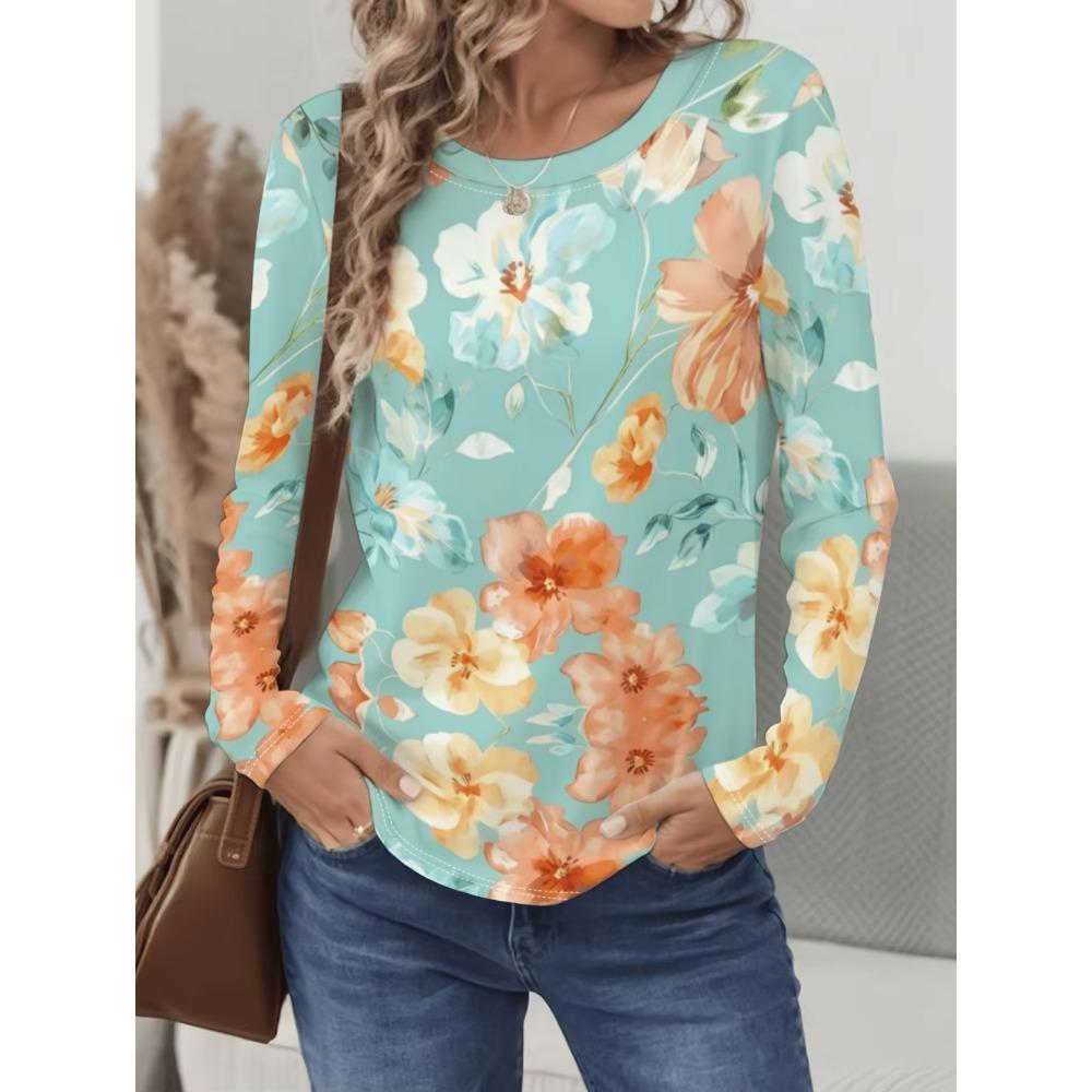 Vintage Floral 3D Print Women's Crew Neck Long Sleeve T-Shirts Comfortable Fashion Tops Tee Y2k Clothes Harajuku Female Clothing