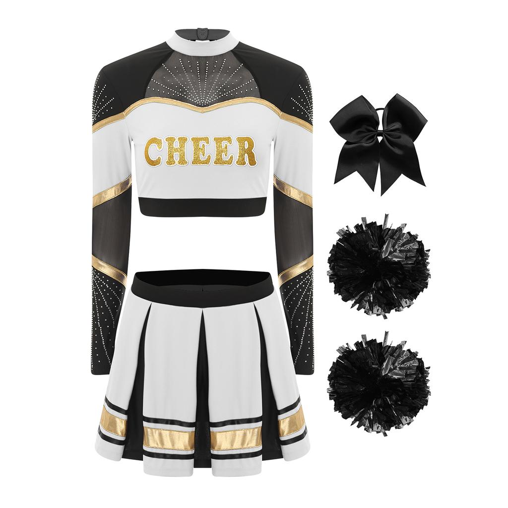 Women Cheerleading Performance Dance Outfit Long Sleeve Mock Neck Rhinestones Crop Top Pleated Skirt Hair Tie Set