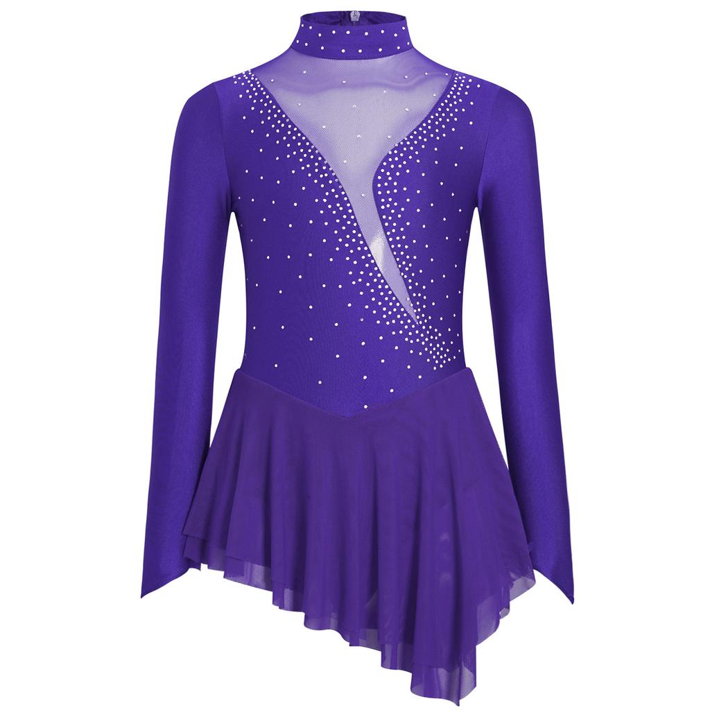 Girls Figure Skating Dress Sheer Mesh Patchwork Glittery Rhinestones Long Sleeve