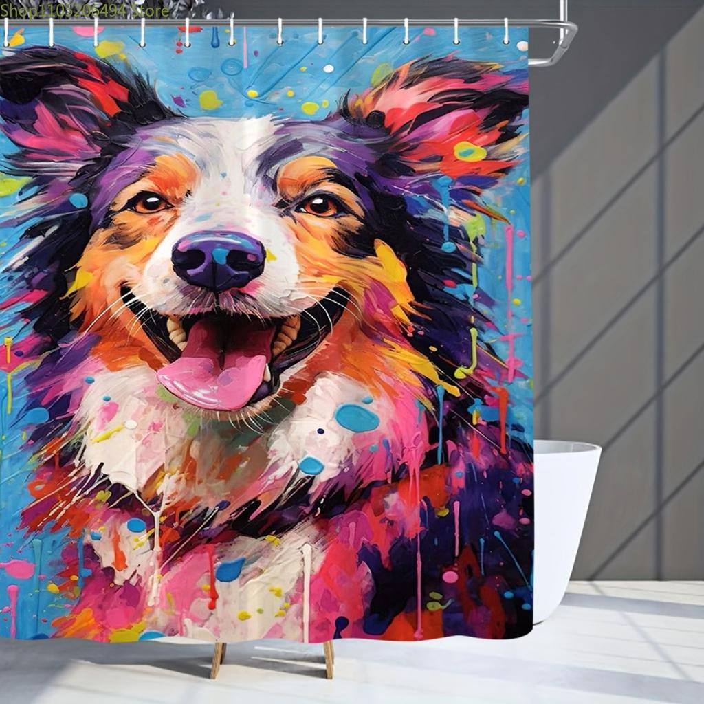 One Colorful Abstract Dog Portrait Bathroom Shower Curtain | Quick Drying, Machine Washable, Polyester, with 12 Hooks, Fashion