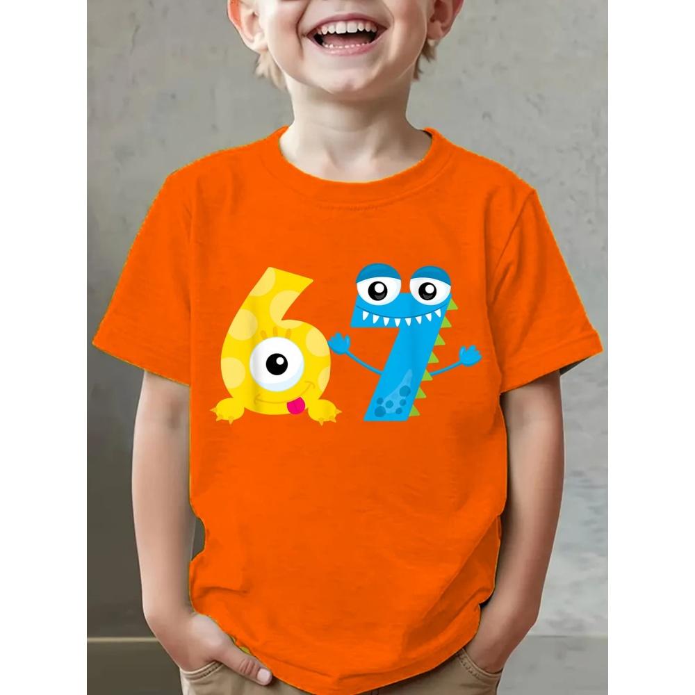 Мальчиковая футболка с графическим 3D-принтом числа 67, удобный топ с коротким рукавом и круглым вырезом, летняя повседневная спортивная детская футболка