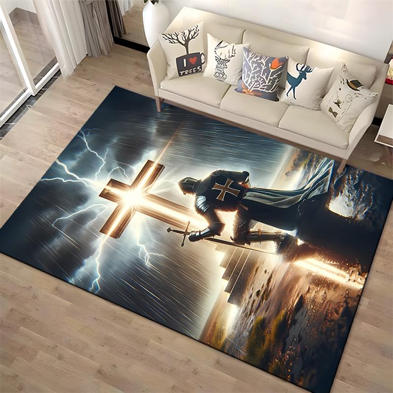 Knight Kneeling at Cross with Lightning Non-slip rug suitable for living room and bedroom sofas.